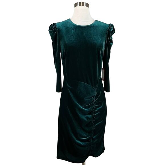 Vince Camuto Long Sleeve Velvet Ruched Midi Sheath Cocktail Dress Green Size 14